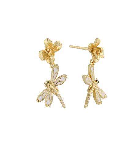 PLE08080 925 스털링 실버 잠자리와 꽃 ​​에나멜 귀걸이